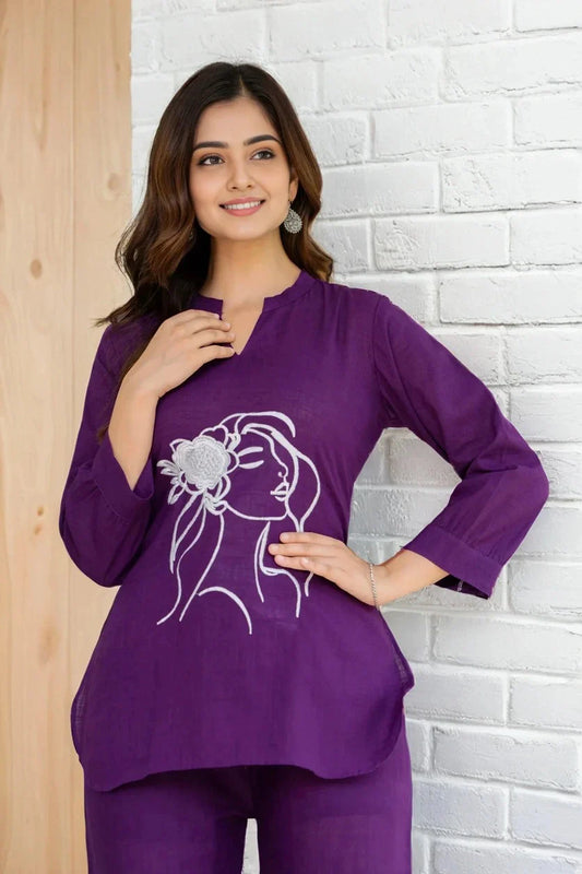Dark Purple Embroidered Cotton Slub Co-ord Set
