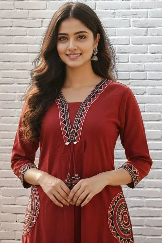 Red Embroidered Kurti with Pant