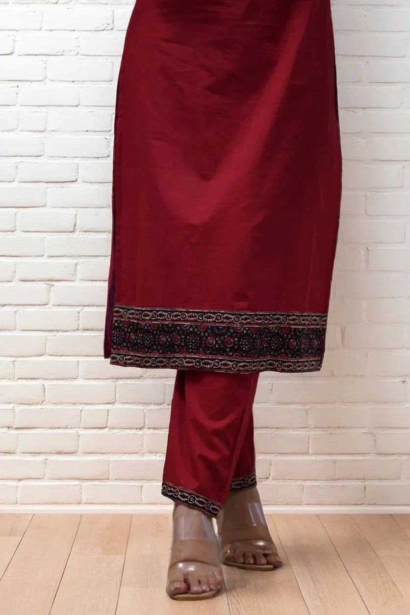 Maroon Ajrakh Print Kurta Set with Dupatta