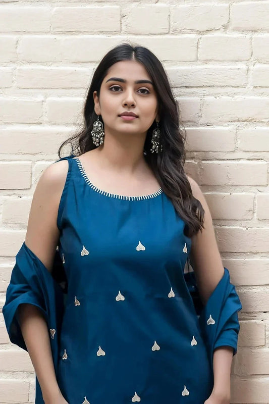 Blue Embroidered Sleeveless Kurta Set with Dupatta