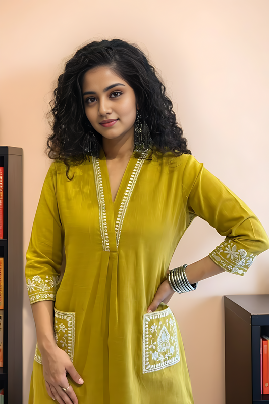 Yellow Kurta And Palazzo Set With Embroidered Cotton