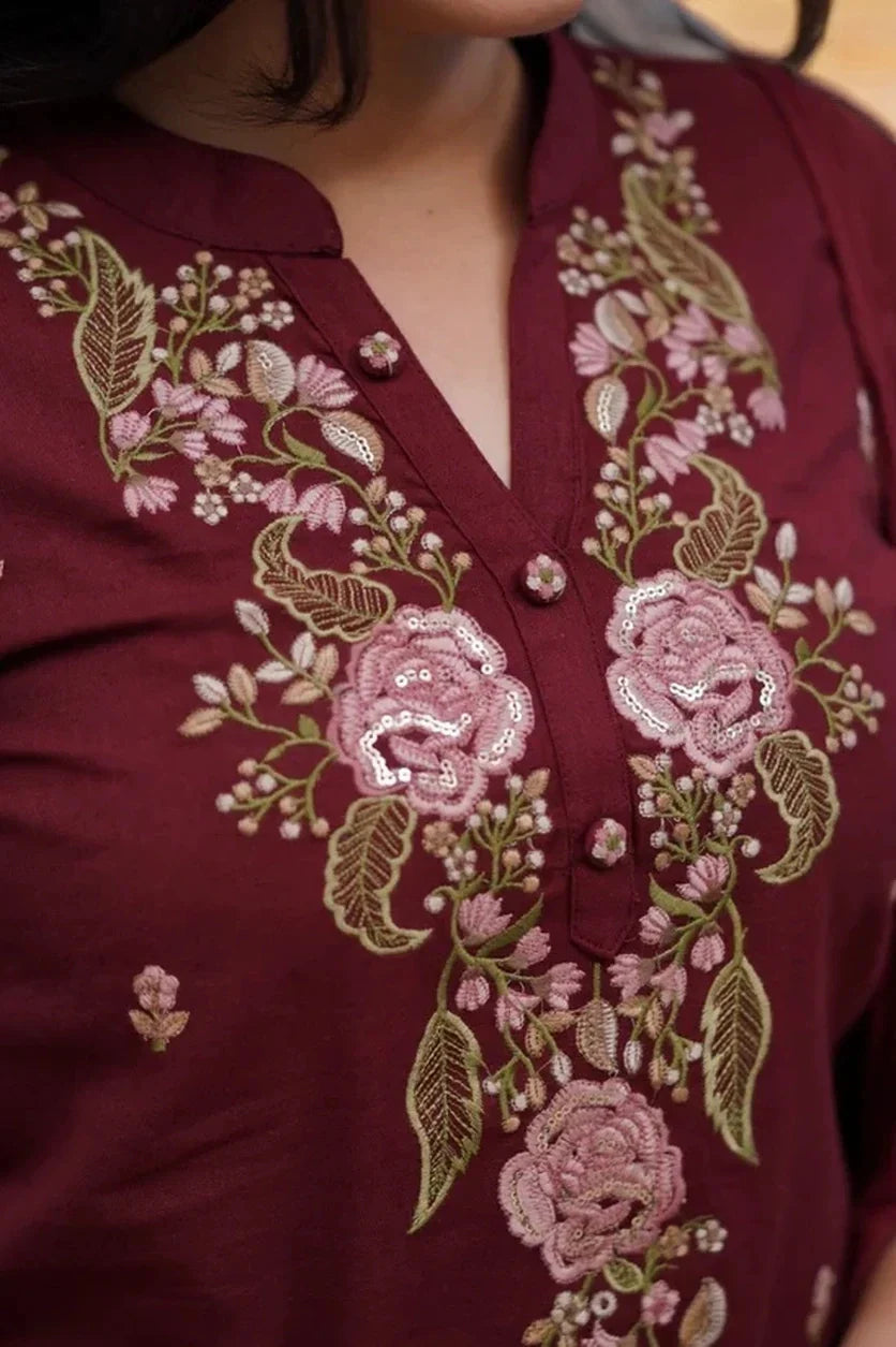 Maroon Floral Embroidered Kurta Set with Dupatta