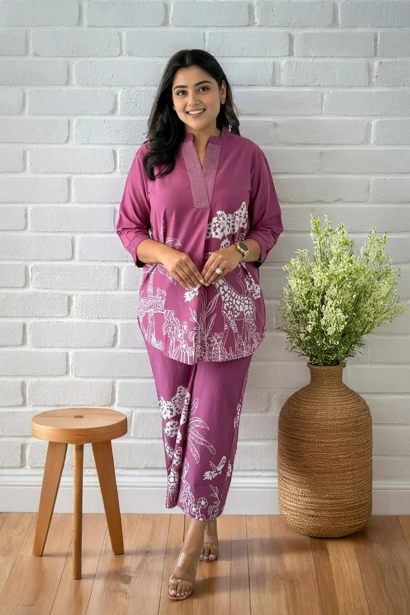 Purple Cotton Flex Co-ord Set With Palazzo