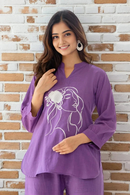 Purple Embroidered Cotton Slub Co-ord Set