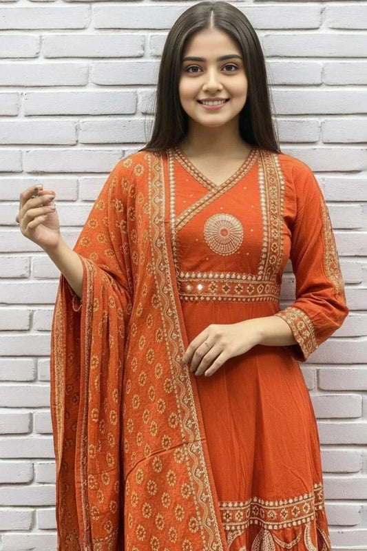 Orange Cotton Anarkali Kurta Set