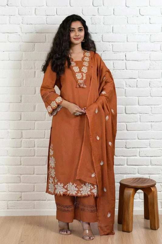 Rust Orange Embroidered Kurta Set with Dupatta
