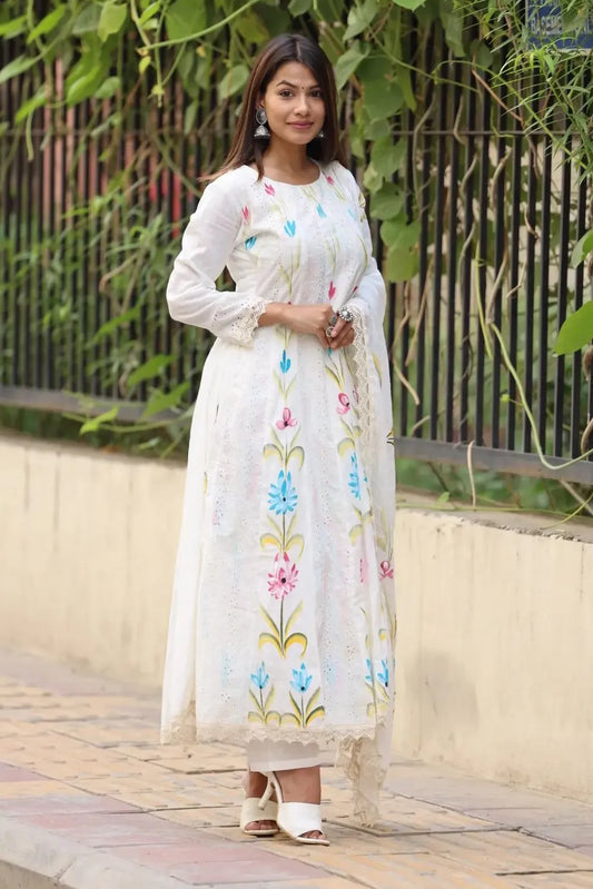 White Schiffli Flared Kurta Set