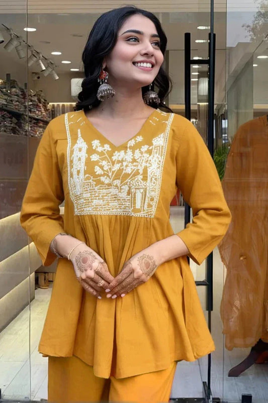 Mustard A-line Embroidery Kurta with Palazzo