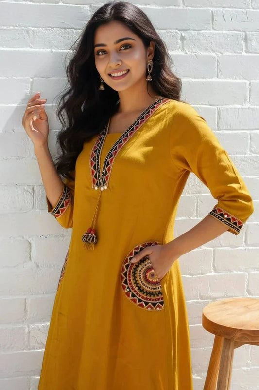 Yellow Embroidered Kurti with Pant