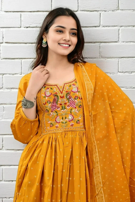 Mustard Embroidered Anarkali Kurta Set with Dupatta