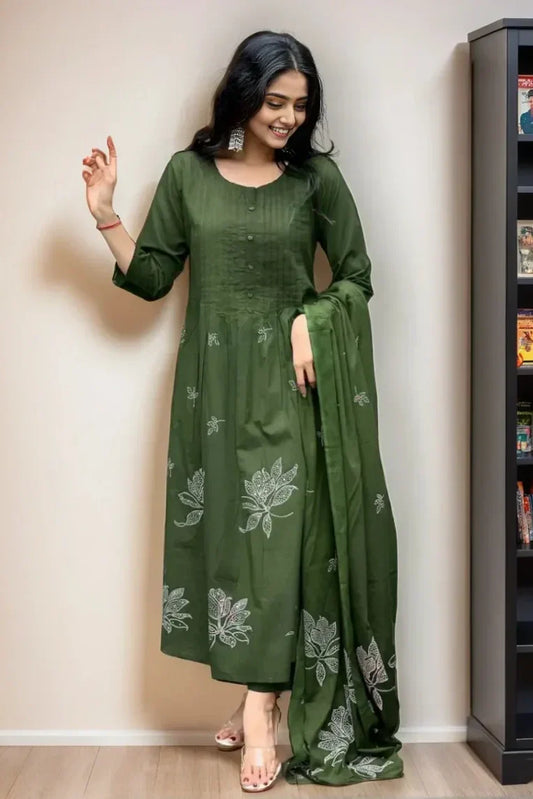 Green Pintex Kurta with Pant and Dupatta
