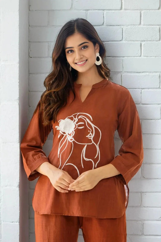 Rust Orange Embroidered Cotton Slub Co-ord Set