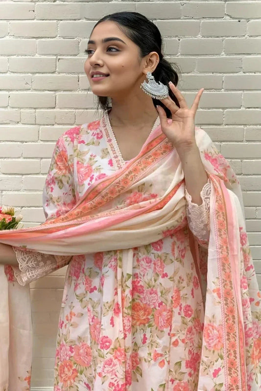 Pink Anarkali Floral Kurta Set with Dupatta