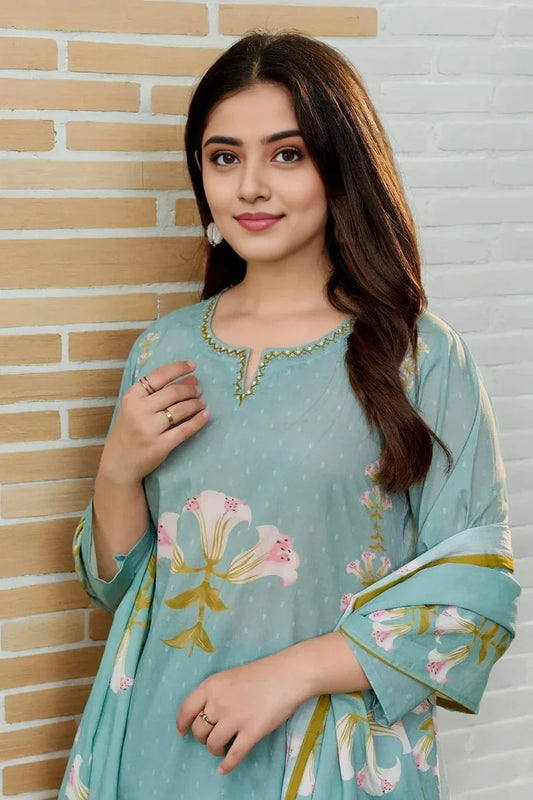 Turquoise Applique Work Kurta Set with Dupatta