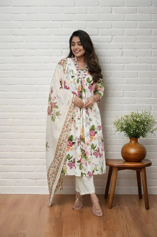 White Floral Kurta with Pant and Dupatta