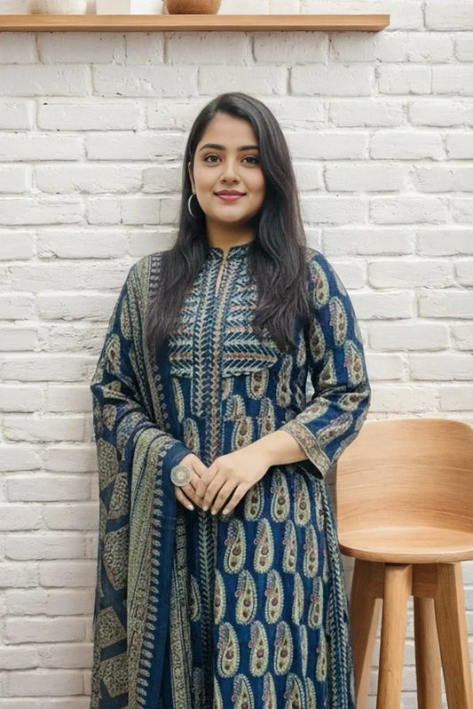Navy Blue Paisley Print Front Slit Kurta Set