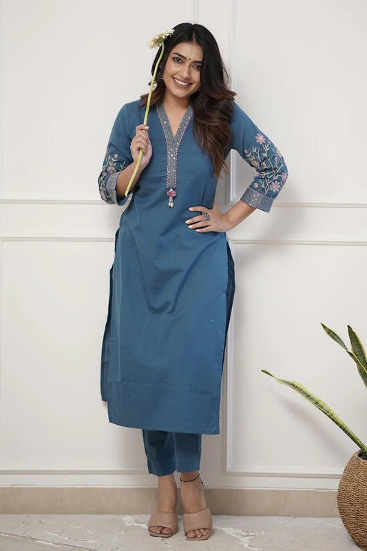 Blue Embroidered Kurta with Pant