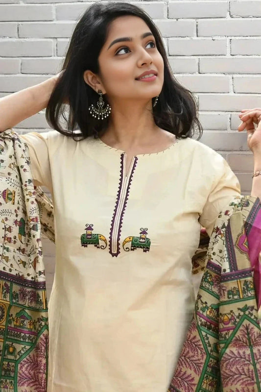 Cream Embroidered Kurta Set with Dupatta