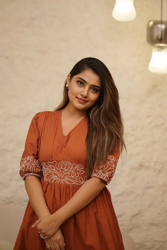 Rustic Orange Embroidered Midi Dress