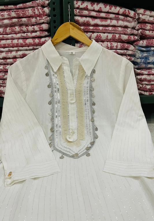 White Cotton Lurex Afghani Co-ord Set