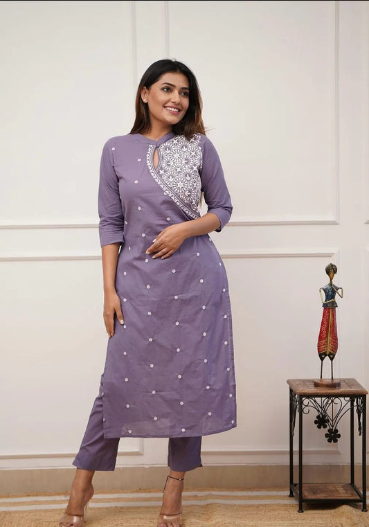 Purple Embroidered Cotton Straight Kurta Set