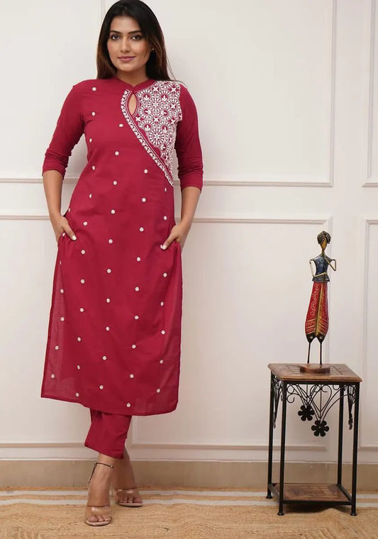 Maroon Embroidered Cotton Straight Kurta Set