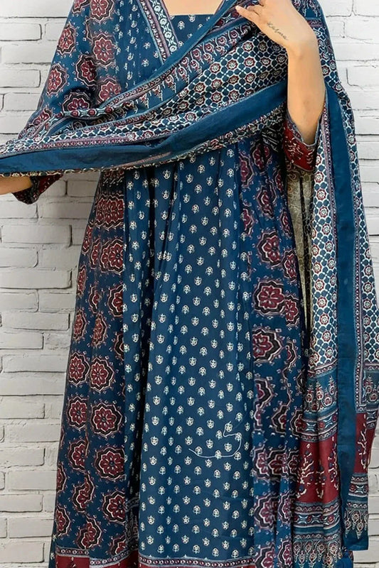 Indigo Ethnic Print Kurti with Palazzo and Dupatta