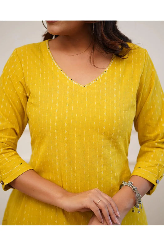 Yellow Cotton Katha Work Kurta Set