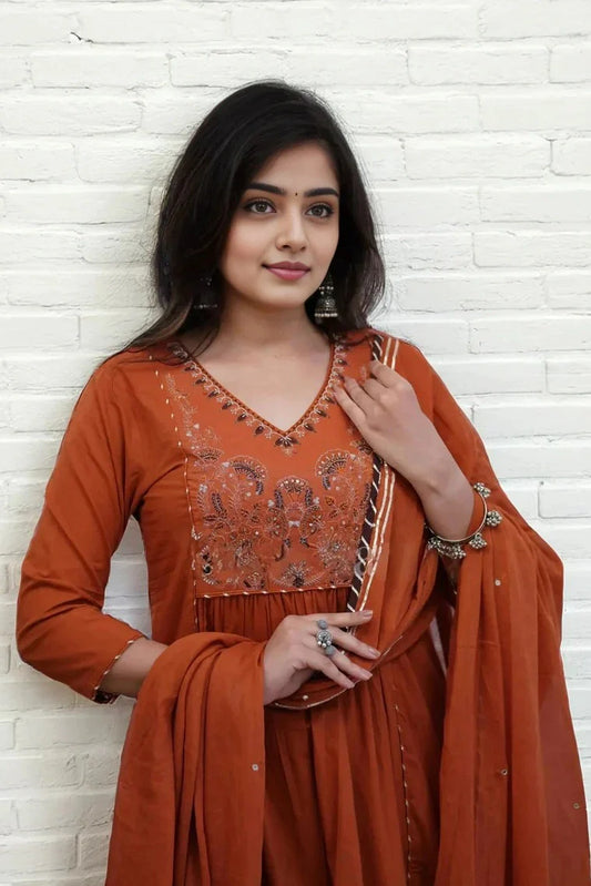 Rust Orange Cotton Embroidered Anarkali Kurta Set