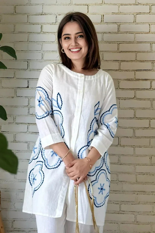 White Embroidered Shirt with Palazzo Co-Ord Set