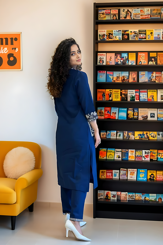 Blue Kurta And Palazzo Set With Embroidered Cotton