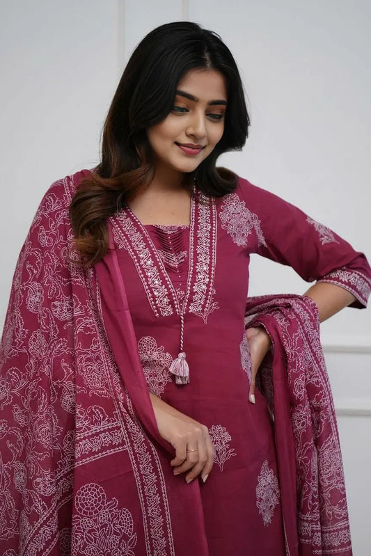 Maroon Cotton Printed Kurta Set with Dupatta