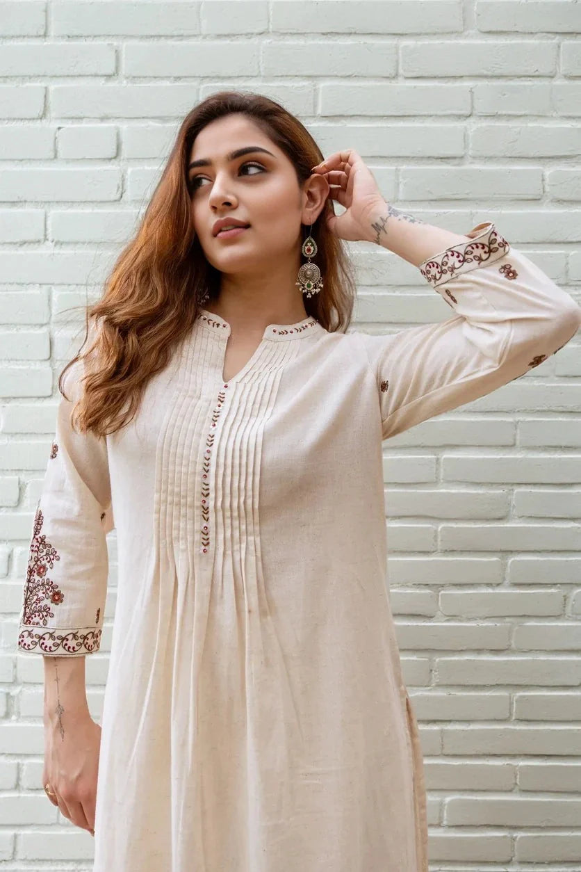 Ivory Embroidered Pleated Kurta with Pant