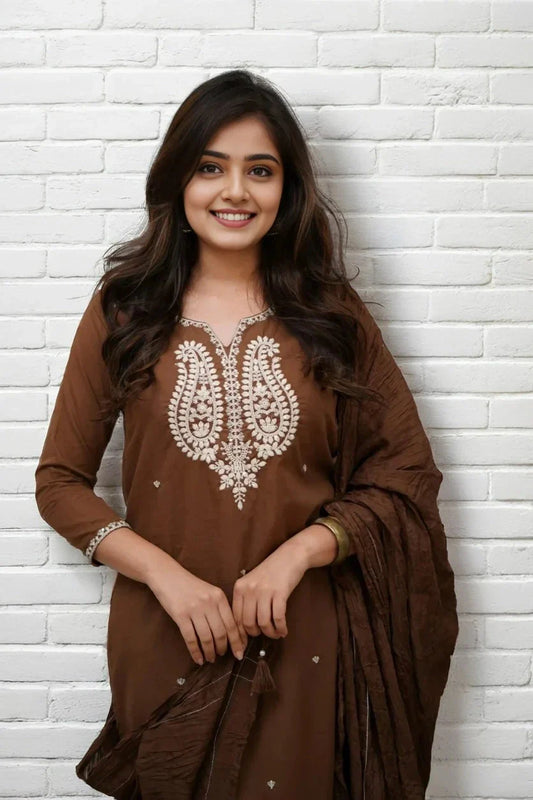 Brown Embroidered Kurta Set with Dupatta