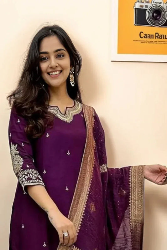 Grape Purple Embroidered Silk Kurta Set