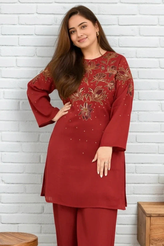 Red Embroidered Kurti Pant Set