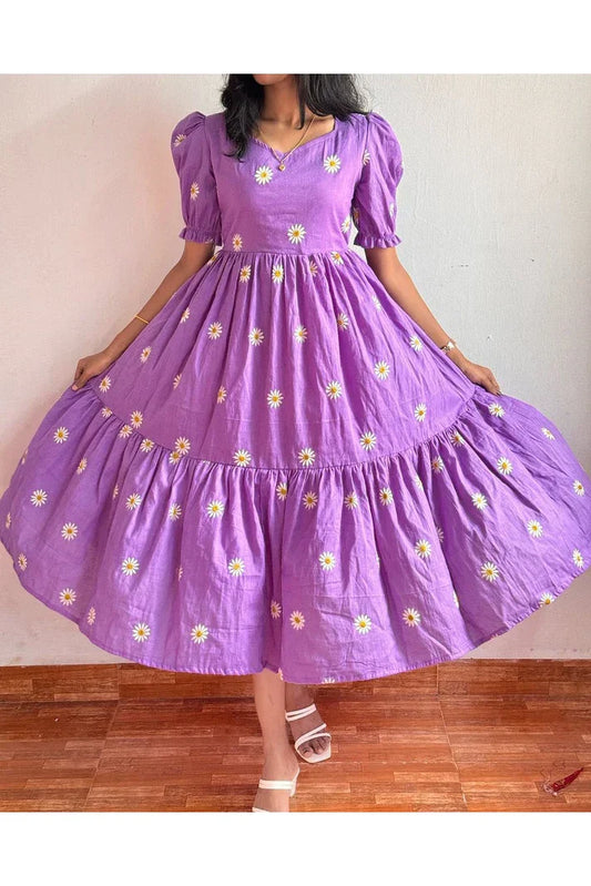Purple Embroidered Floral Midi Dress