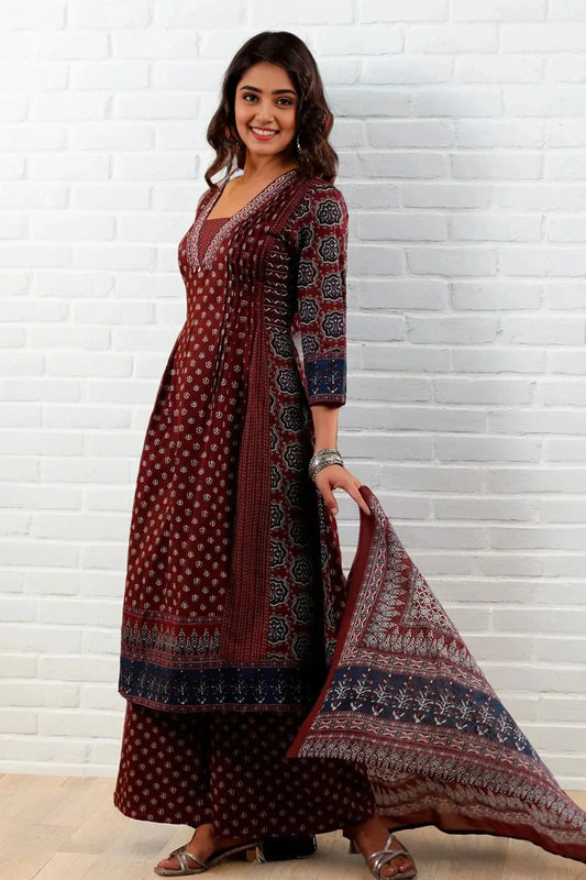 Burgundy Ethnic Print Kurti with Palazzo and Dupatta