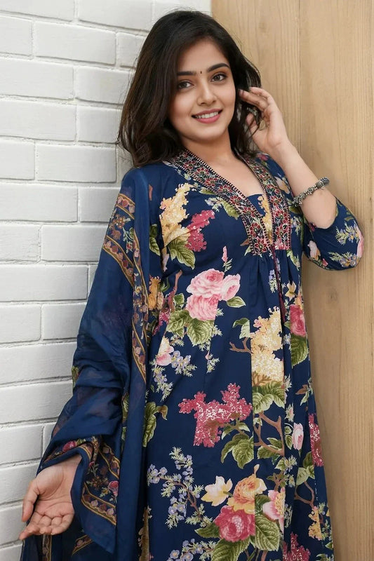 Blue Floral Kurta with Pant and Dupatta