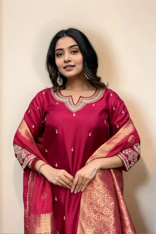 Pink Embroidered Silk Kurta Set