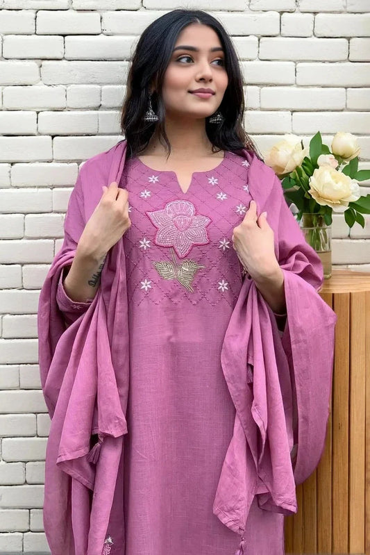 Purple Embroidered Kurta Set with Dupatta