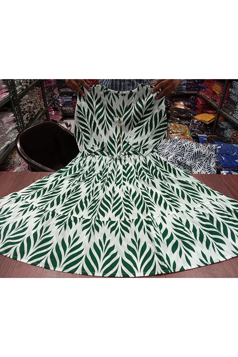 Green Leaves Print Midi Dress