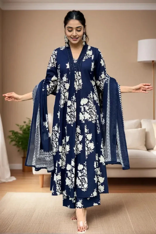 Blue Floral Kurta with Pant and Dupatta