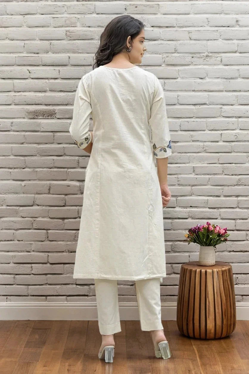 Off White Floral Embroidered Kurta with Pant