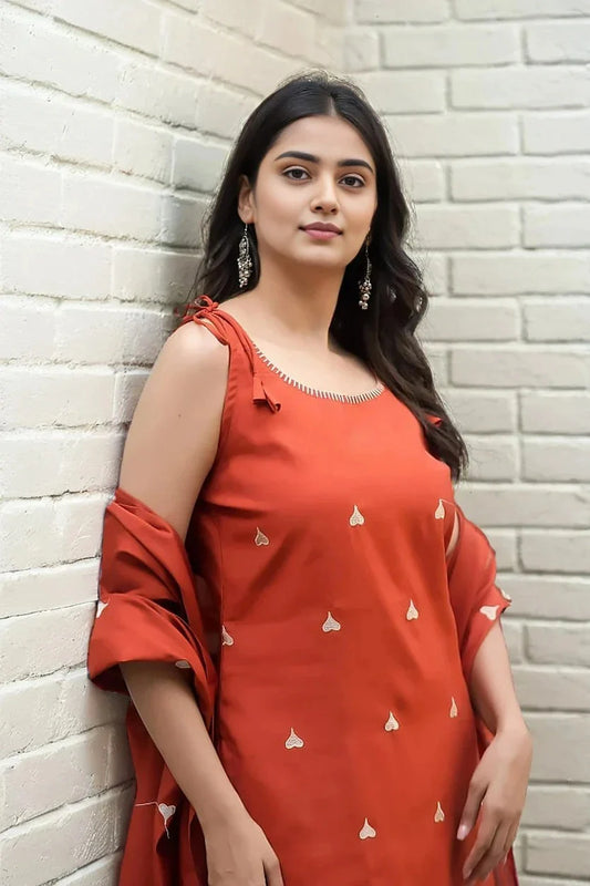 Orange Embroidered Sleeveless Kurta Set with Dupatta