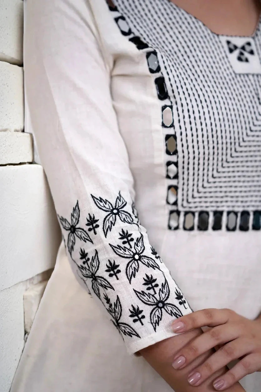 White Katha Mirror Work Kurta with Pant