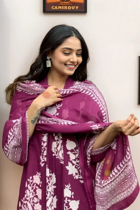 Purple Floral Kurta with Pant and Dupatta