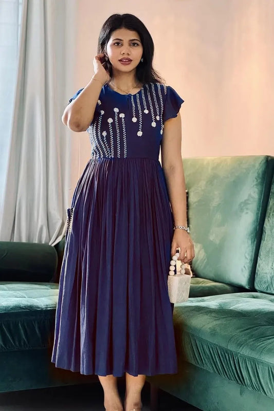 Dark Blue Embroidered Midi Dress