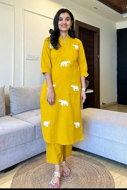 Mustard Elephant Embroidered Kurta with Pant