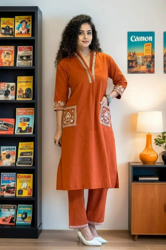 Orange Kurta And Palazzo Set With Embroidered Cotton